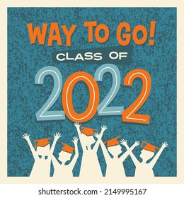 2022 graduation card design with cartoon text and happy graduates celebrating. Retro style vector illustration.