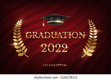 2022 graduation ceremony banner. Award concept with academic hat, golden ribbon and text on dark red curtain background