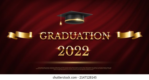 2022 graduation ceremony banner. Award concept with academic hat, golden ribbon and text on dark red curtain background