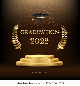 2022 Graduation Ceremony Banner. Award Concept With Academic Hat, Golden Podium And Laurel Wreath Under Shining Glitter On Dark Background