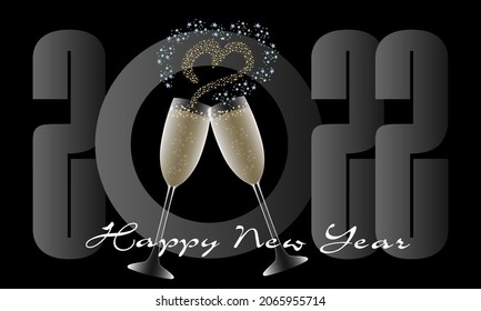 2022- greeting card or banner for lovers with 2 glasses of champagne from which emerges a starry heart. 
