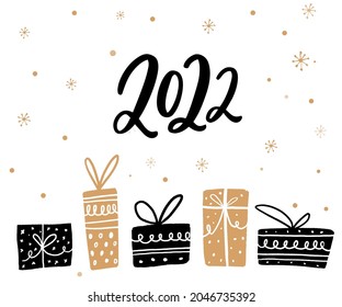 2022 greeting card design. Black and gold gift boxes, new year illustration.