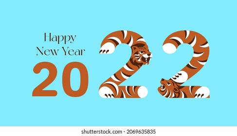 2022 greeting card or invitation banner with stilizated tigers. Flat Art Vector Illustration