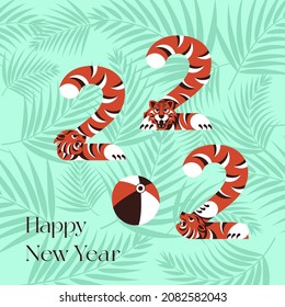 2022 greeting card or invitation banner with stilizated tigers on green jungle leaves background. Flat Art Vector Illustration