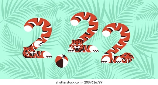 2022 greeting card or invitation banner with stilizated tigers on green jungle leaves background. Flat Art Vector Illustration