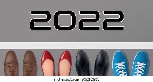 2022 greeting card on the theme of competition in the world of work with a symbol of a starting line and the feet of four people of different ages and genders.