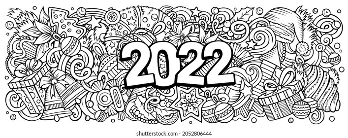 2022 hand drawn doodles horizontal illustration. New Year objects and elements poster design. Creative cartoon holidays art background. Colorful vector drawing
