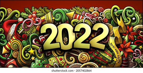 2022 hand drawn doodles horizontal illustration. New Year objects and elements poster design. Creative cartoon holidays art background. Colorful vector drawing