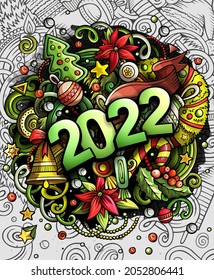 2022 hand drawn doodles illustration. New Year objects and elements poster design. Creative cartoon holidays art background. Colorful vector drawing