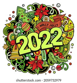 2022 hand drawn doodles illustration. New Year objects and elements poster design. Creative cartoon holidays art background. Colorful vector drawing