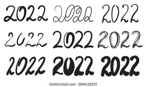 2022 Hand Drawn Vector Numbers, Chinese New Year Calligraphy Sketch Calendar Design. Doodle Greeting Card, Scribble Handdrawn Brush Font, Freehand 2022 Typography Graphic Element