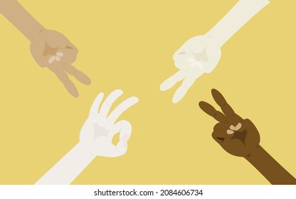 2022 hand symbol of nationalities for happy new year  isolated on yellow background, cheer up and OK hand sign, holiday idea vector illustration wallpaper.