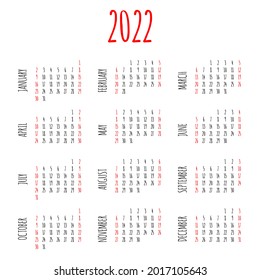 2022 hand written calendar layout, printable vector template, sunday first
