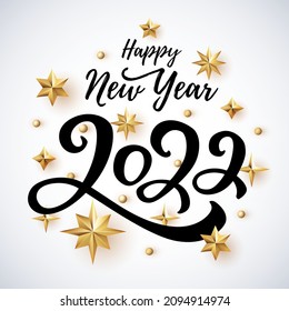 2022 hand written lettering with golden Christmas stars on a white background. Happy New Year card design. Vector illustration EPS 10 file.