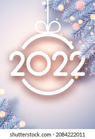 2022 hanging Christmas blue frame with frozen spruce branches. Bokeh lights. Vector festive illustration.