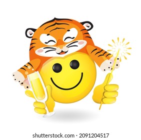 2022 Happy Chinese New Year of the tiger celebration vector symbol.  Cheerful smiling emoji, Emoticon in tiger hat, holding wine glass of champagne, lightning  sparkler. Isolated at white background svg