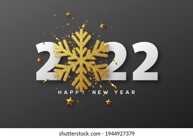 2022 Happy New Year. 3d golden glitter snowflake with tinsel, stars and white numbers on black background. Vector illustration.