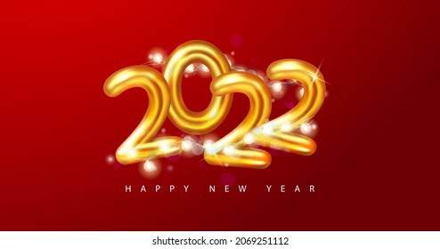 2022 Happy New Year. 3d render gold metallic sign and glowing garland. Festive New Year greeting card 2022. Christmas Poster, banner, cover card, brochure, flyer, layout design.