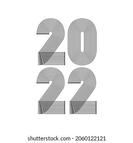 2022 Happy New Year. Abstract geometric cover design background. 2022 numbers in thin lines striped style vector illustration. Annual Report, banner, brochure, label, flyer, poster. Black white colors