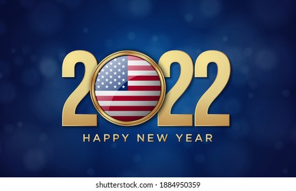 2022 Happy New Year Background Design with United States of America Flag Badge. Greeting Card, Banner, Poster. Vector Illustration.