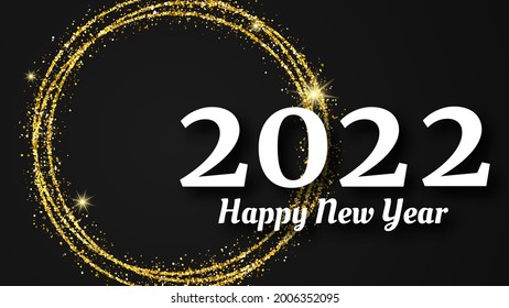 2022 Happy New Year background. White inscription in a gold glitter circle for Christmas holiday greeting card, flyers or posters. Vector illustration