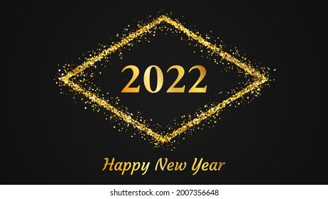 2022 Happy New Year background. Gold inscription in a gold glitter rhombus for Christmas holiday greeting card, flyers or posters. Vector illustration