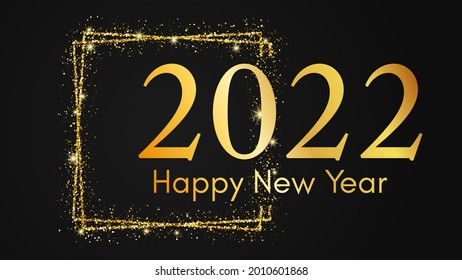 2022 Feliz Año Nuevo. Inscripción de oro en una plaza de brillo dorado para tarjetas de felicitación, volantes o afiches de Navidad. Ilustración del vector