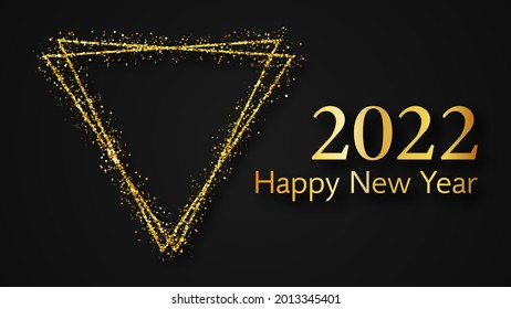 2022 Feliz Año Nuevo. Inscripción de oro en un triángulo de brillo dorado para tarjetas de felicitación, volantes o carteles navideños. Ilustración del vector