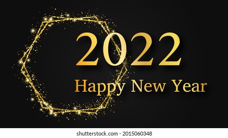 2022 Happy New Year background. Gold inscription in a gold glitter hexagon for Christmas holiday greeting card, flyers or posters. Vector illustration
