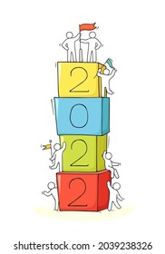2022 Happy New Year background. Cartoon doodle illustration with liitle people prepare to celebration. Hand drawn vector illustration.