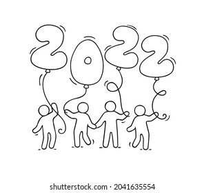 2022 Happy New Year background. Cartoon doodle illustration with liitle people holding balloons. Hand drawn vector illustration for celebration.