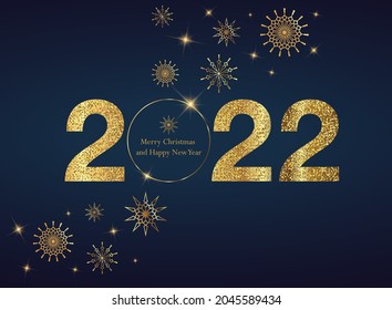 2022 happy new year background with golden glitter number. Christmas winter holidays design. Golden sparkling vector.