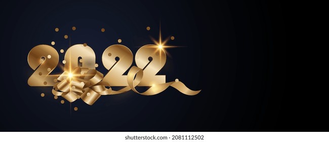 2022 Feliz Diseño de Antecedentes de Año Nuevo. Tarjeta de felicitación Gold 2022 sobre fondo negro, cartel, afiche. Ilustración vectorial.