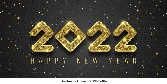 2022 Happy New Year background. Holiday golden metallic sparkle glitter numbers 2022. Calendar header realistic 3d sign. Festive poster web banner design. Gold numeral text typography