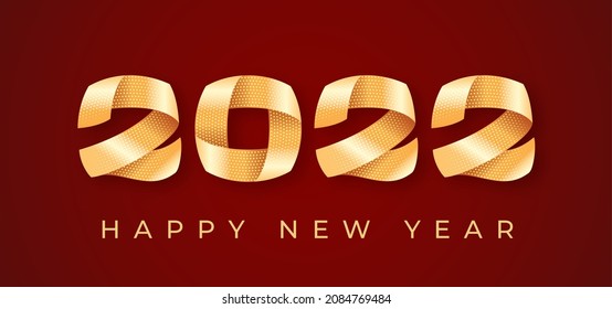 2022 Happy New Year background. Golden ribbon numeral text calligraphy banner. Abstract gold glitter red 3d greeting card. Christmas magic time poster template. Calendar header festive concept