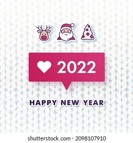 2022 Feliz Año Nuevo con símbolo de notificación de seguidores. Concepto de ilustración vectorial para aplicaciones móviles de tarjetas de felicitación y medios sociales