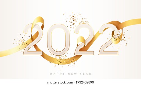 2022 Happy New Year banner. 2022 New Year holiday symbol template with golden gradient, golden satin ribbon and confetti. Vector illustration.