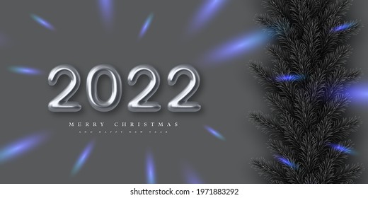 2022 Happy New Year banner. Hand writing 3d metallic numbers 2022 with pine branches. Monochrome background with blue contrast. Vector illustration.
