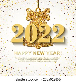 2022 Happy New Year Banner with Numbers and shining golden bell on white Background with scattered geometric Confetti. Vector illustration. All isolated and layered
