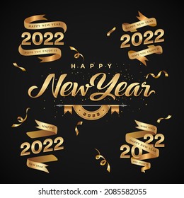 2022 happy new year. happy new year banner with golden ribbon. dark luxury background. vector illustration. Free Vector