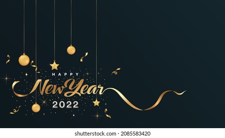 2022 happy new year. happy new year banner with golden ribbon. dark luxury background. vector illustration. Free Vector