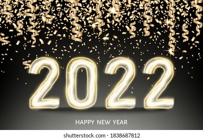 2022 happy New Year black background with golden ribbon and confetti. Christmas decoration with glowing neon gold number. Vector winter holiday greeting card template.