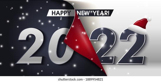 2022 Happy New Year Black Promotion Poster Or Banner With Open Gift Wrap Paper. Happy 2021 New Year Red Greetig Card In Paper Style For Your Seasonal Holidays Flyers