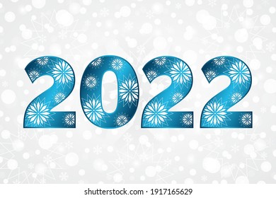 2022 Happy New Year blue gradient sign with stars. Christmas snowflake background. Snow illustration for decoration, celebration, design, greeting card, winter holiday