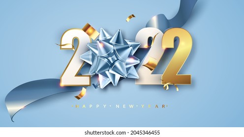 2022 Happy new year. Blue festive background with gift bow and glitter. Happy New Year Banner for greeting card, calendar