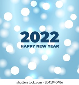 2022 happy new year bokeh background with festive defocused glowing white lights. Blurred bright abstract bokeh holiday lights on soft blue background. Vector illustration