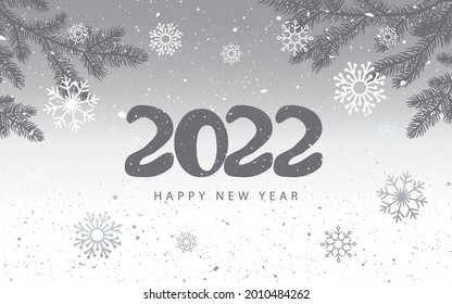 2022 Happy New Year card. Banner with winter background, snow and snowflakes, Christmas tree. Printing vector design for the website, greeting card, poster. Textured snow background.