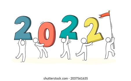 2022 Happy New Year card. Cartoon doodle illustration with liitle people prepare to celebration. Hand drawn vector illustration.