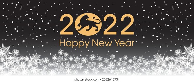 2022 Happy New Year card template. Design patern snowflakes white, tiger. Black and golden colors.