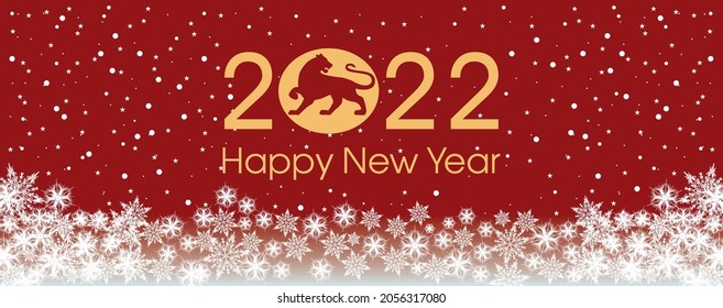 2022 Happy New Year card template. Design patern snowflakes white, tiger. Red and golden colors.